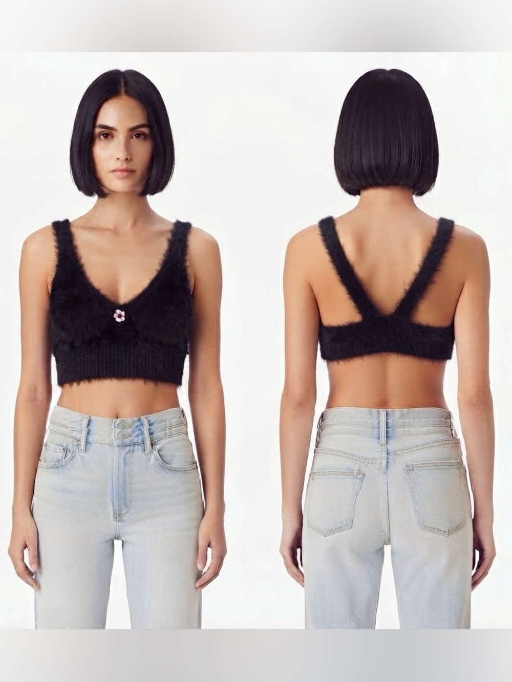 For Love & Lemons Devon Fuzzy Mohair Black Crop Top S NWT Flower Button